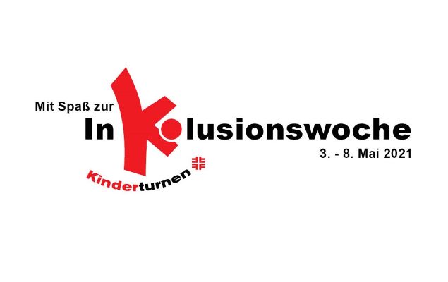 Schwarz-roter Schriftzug: Mit Spaß zur Inklusionswoche Kinderturnen 3. - 8. Mai 2021