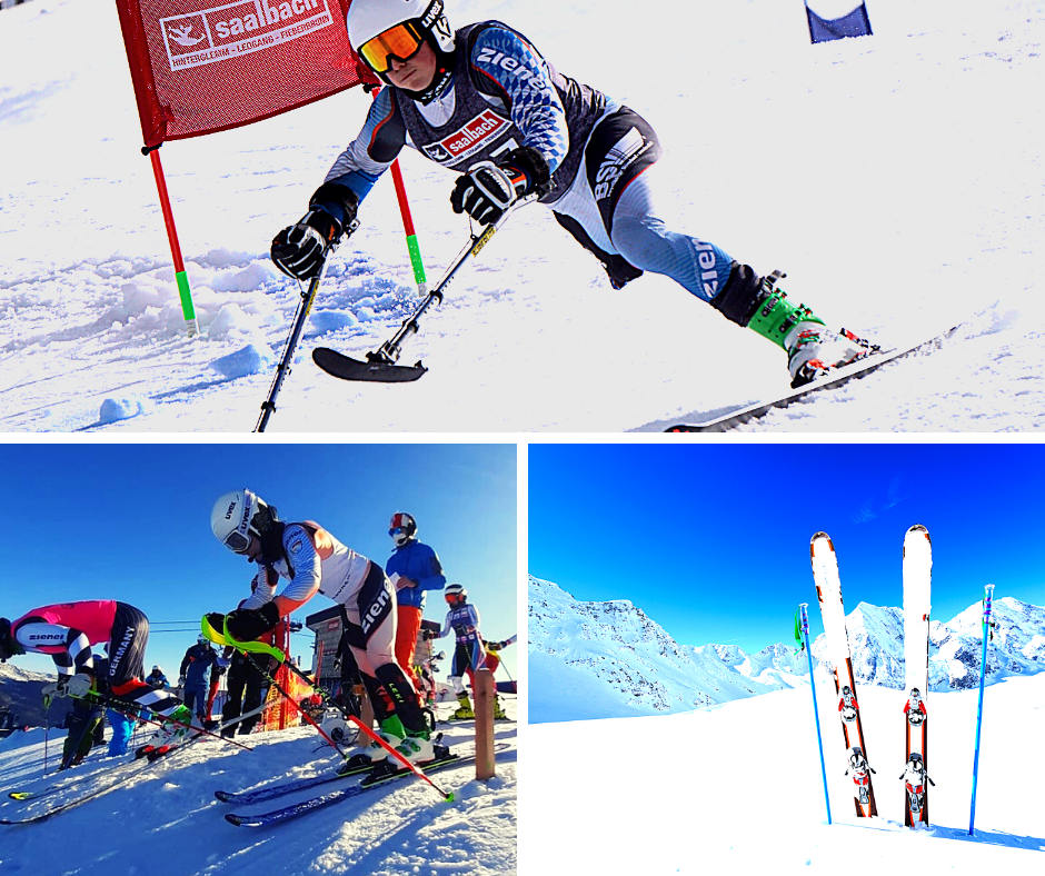 Eine Collage von zwei Skifahrenden mit Behinderung. Beide sind in voller Aktion auf der Piste abgebildet.