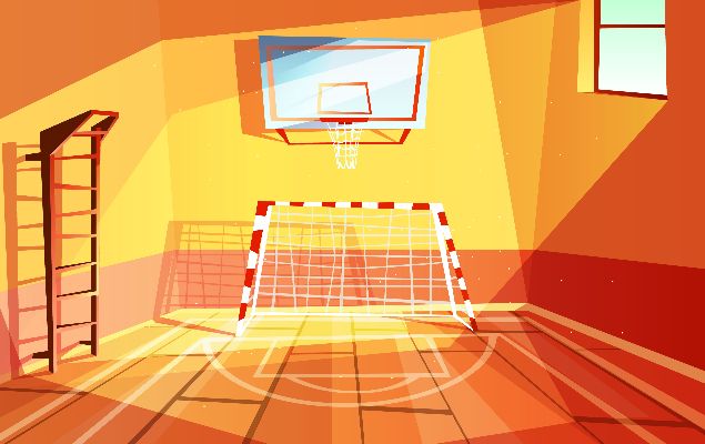 Illustration einer leeren Sporthalle in der ein Basketballkorb über einem Fußballtor hängt. Daneben sieht man eine Sproßenwand