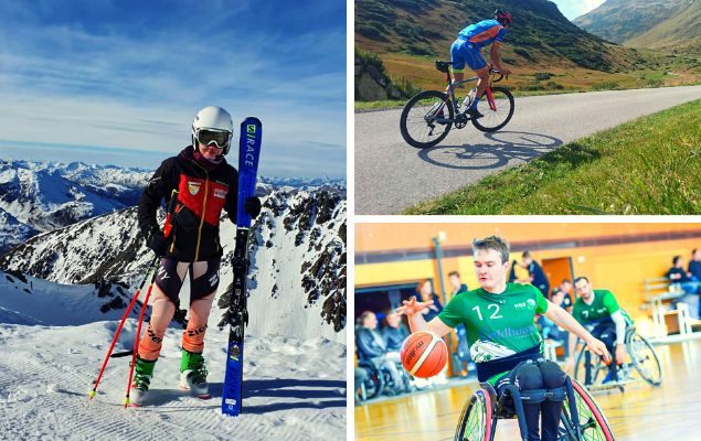 Auf einer Zusammenstellung von drei Bildern posiert eine Para Skifahrerin in voller Montur in den Bergen. Auf dem zweiten Bild fährt ein Para Radfahrer durch die Berge. Das dritte Bild zeigt einen Rollstuhlbasketballer beim Spiel.