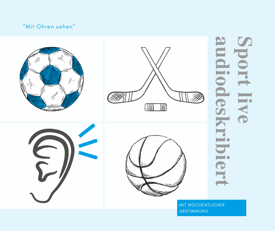 Piktogramme eines Fußballs, eines Basketballs, Hockeyschlägern und eines Ohrs. 